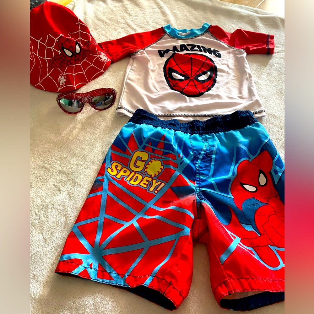 Spider-Man swimsuit set, glasses and bucket hat included.